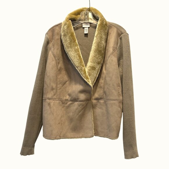 Faux Suede Knit Jacket XL Faux Fur Collar Beige - Picture 1 of 9